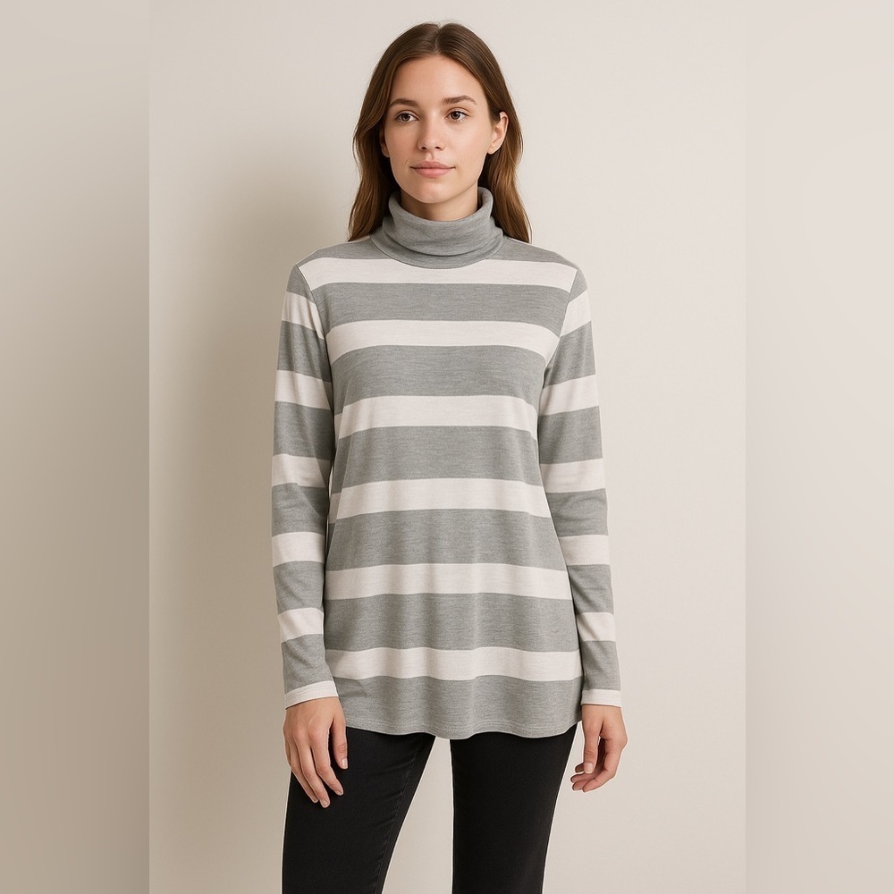 Banana Republic Striped Turtleneck Tunic Top Women’s M Gray White Long Sleeve